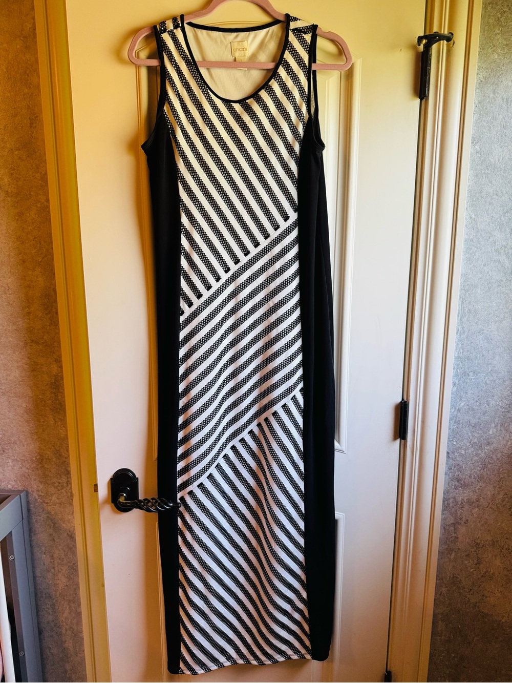 Chico's Black and White Diagonal Stripe Maxi Dress